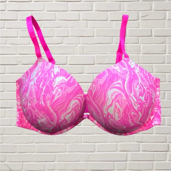 PINK Wear Everywhere Super Push-Up Bra 38DD Marble Swirl Pink White - Picture 1 of 5